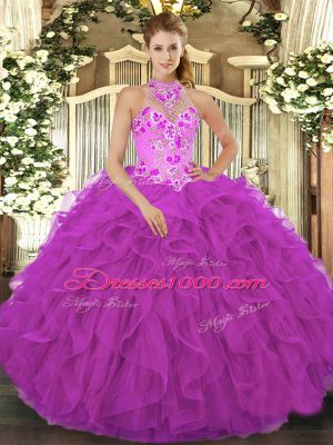 Attractive Fuchsia Organza Lace Up 15 Quinceanera Dress Sleeveless Floor Length Beading and Embroidery and Ruffles