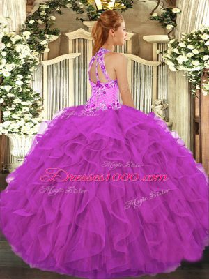 Attractive Fuchsia Organza Lace Up 15 Quinceanera Dress Sleeveless Floor Length Beading and Embroidery and Ruffles