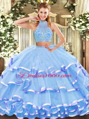 Halter Top Sleeveless Criss Cross 15 Quinceanera Dress Aqua Blue Tulle