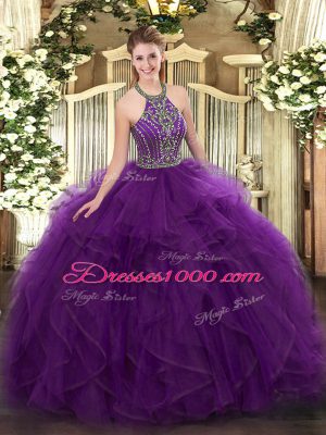 Purple Ball Gowns Beading and Ruffles Ball Gown Prom Dress Lace Up Tulle Sleeveless Floor Length