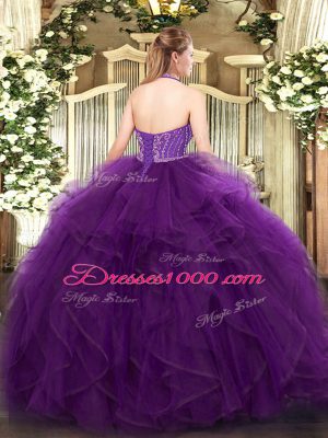 Purple Ball Gowns Beading and Ruffles Ball Gown Prom Dress Lace Up Tulle Sleeveless Floor Length