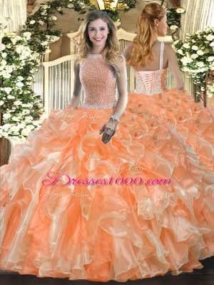 Orange Red Lace Up Quince Ball Gowns Beading and Ruffles Sleeveless Floor Length