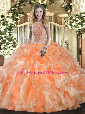 Orange Red Lace Up Quince Ball Gowns Beading and Ruffles Sleeveless Floor Length