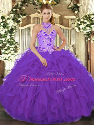 Noble Purple Ball Gowns Organza Halter Top Sleeveless Beading and Embroidery and Ruffles Floor Length Lace Up Sweet 16 Dresses