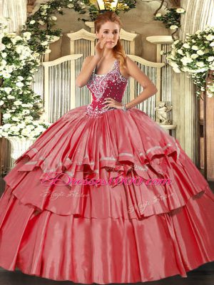 Hot Sale Sleeveless Lace Up Floor Length Beading and Ruffled Layers 15th Birthday Dress