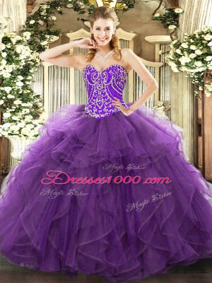 Perfect Floor Length Eggplant Purple 15 Quinceanera Dress Sweetheart Sleeveless Lace Up