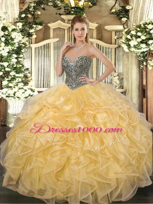 Exquisite Sweetheart Sleeveless Sweet 16 Dresses Floor Length Beading and Ruffles Gold Organza