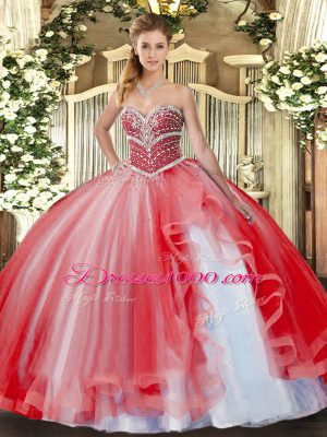 Glorious Floor Length Coral Red Quinceanera Dress Tulle Sleeveless Beading and Ruffles