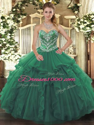 Sweetheart Sleeveless Quinceanera Dresses Floor Length Beading and Ruffles Green Tulle
