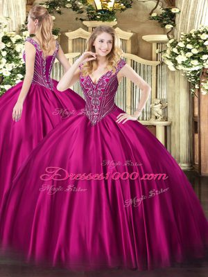 Superior Fuchsia Ball Gowns Beading Ball Gown Prom Dress Lace Up Satin Sleeveless Floor Length