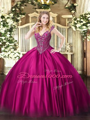 Superior Fuchsia Ball Gowns Beading Ball Gown Prom Dress Lace Up Satin Sleeveless Floor Length