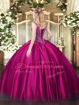 Superior Fuchsia Ball Gowns Beading Ball Gown Prom Dress Lace Up Satin Sleeveless Floor Length