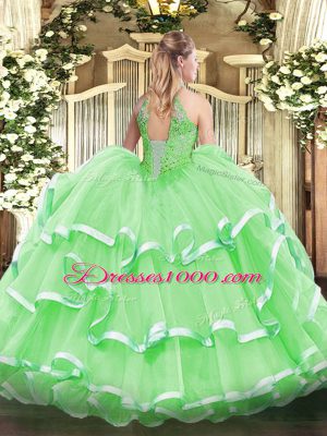 New Style Halter Top Sleeveless Quinceanera Dress Floor Length Beading and Ruffled Layers Yellow Organza