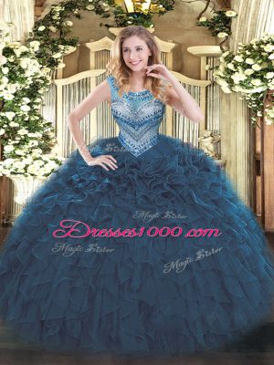 Sleeveless Floor Length Beading and Ruffles Lace Up Quinceanera Gown with Navy Blue