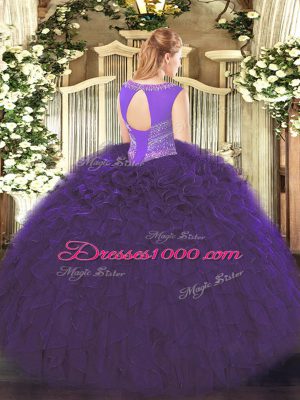 Sleeveless Floor Length Beading and Ruffles Lace Up Quinceanera Gown with Navy Blue