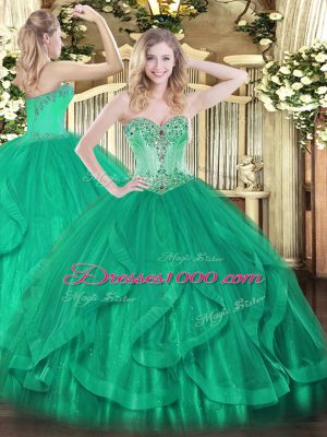 Deluxe Turquoise Ball Gowns Sweetheart Sleeveless Tulle Floor Length Lace Up Beading and Ruffles Quinceanera Gowns