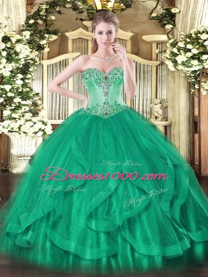 Deluxe Turquoise Ball Gowns Sweetheart Sleeveless Tulle Floor Length Lace Up Beading and Ruffles Quinceanera Gowns