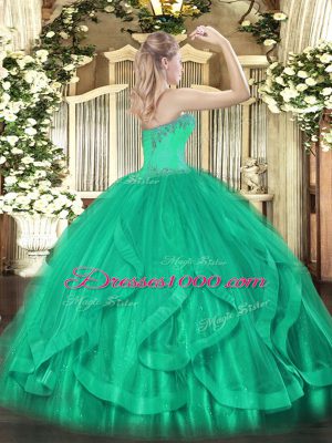Deluxe Turquoise Ball Gowns Sweetheart Sleeveless Tulle Floor Length Lace Up Beading and Ruffles Quinceanera Gowns