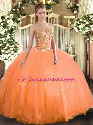 Fantastic Sleeveless Floor Length Embroidery Lace Up Quinceanera Gown with Orange