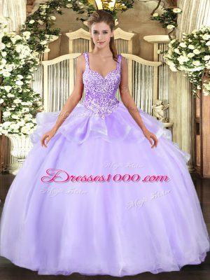 Smart Sleeveless Floor Length Beading Lace Up Sweet 16 Dress with Lavender