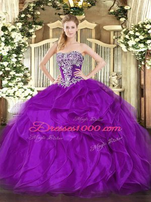 Purple Sleeveless Organza Lace Up Sweet 16 Dress for Military Ball and Sweet 16 and Quinceanera