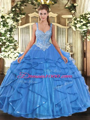 Floor Length Baby Blue Sweet 16 Dress Tulle Sleeveless Beading and Ruffles