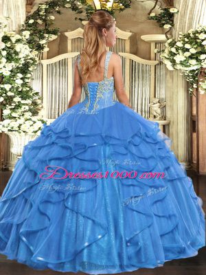 Floor Length Baby Blue Sweet 16 Dress Tulle Sleeveless Beading and Ruffles