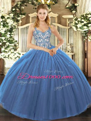 Beautiful Navy Blue Tulle Lace Up Straps Sleeveless Floor Length Sweet 16 Quinceanera Dress Appliques