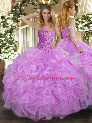Lilac Vestidos de Quinceanera Military Ball and Sweet 16 and Quinceanera with Beading and Ruffles Sweetheart Sleeveless Lace Up
