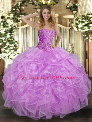 Lilac Vestidos de Quinceanera Military Ball and Sweet 16 and Quinceanera with Beading and Ruffles Sweetheart Sleeveless Lace Up