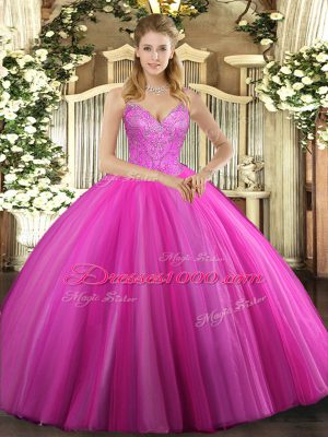 Edgy Fuchsia Ball Gowns V-neck Sleeveless Tulle Floor Length Lace Up Beading Sweet 16 Dresses