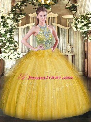 Shining Gold Lace Up Halter Top Beading and Ruffles Sweet 16 Dresses Tulle Sleeveless