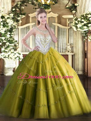 Olive Green Zipper Quinceanera Dress Beading and Appliques Sleeveless Floor Length