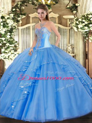 Baby Blue Sweetheart Lace Up Beading and Ruffles Quinceanera Gown Sleeveless
