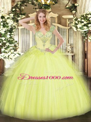 Floor Length Yellow Green Quince Ball Gowns Tulle Sleeveless Beading and Ruffles