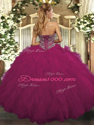 Sleeveless Tulle Floor Length Lace Up 15 Quinceanera Dress in Fuchsia with Beading and Ruffled Layers