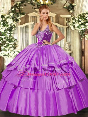 Lilac Sleeveless Beading and Ruffled Layers Floor Length Quinceanera Dresses