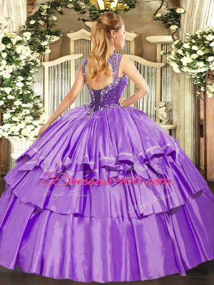Lilac Sleeveless Beading and Ruffled Layers Floor Length Quinceanera Dresses