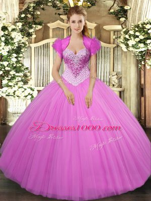 Custom Fit Sleeveless Floor Length Beading Lace Up Quinceanera Gown with Lilac