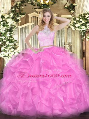 Rose Pink Scoop Zipper Lace and Ruffles 15 Quinceanera Dress Sleeveless