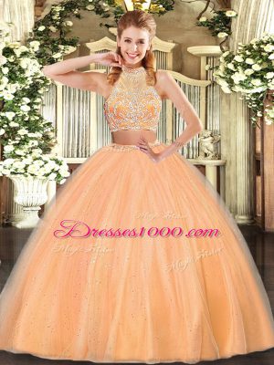 New Arrival Beading Ball Gown Prom Dress Orange Red Criss Cross Sleeveless Floor Length
