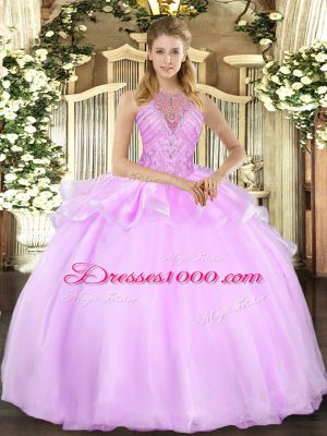 Lilac Sleeveless Floor Length Beading Lace Up Sweet 16 Dresses