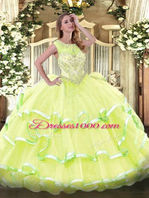 Popular Scoop Sleeveless Organza 15 Quinceanera Dress Beading and Ruffled Layers Lace Up