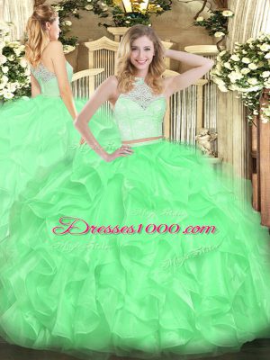 Pretty Sleeveless Zipper Floor Length Lace and Ruffles Sweet 16 Dresses