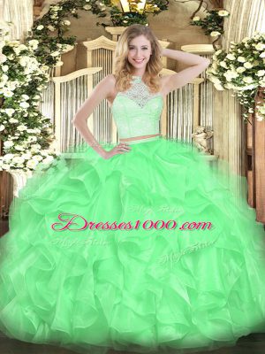 Pretty Sleeveless Zipper Floor Length Lace and Ruffles Sweet 16 Dresses