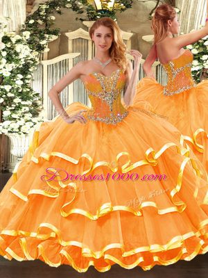 Orange Ball Gowns Sweetheart Sleeveless Organza Floor Length Lace Up Beading and Ruffled Layers Ball Gown Prom Dress