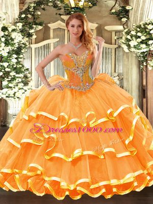 Orange Ball Gowns Sweetheart Sleeveless Organza Floor Length Lace Up Beading and Ruffled Layers Ball Gown Prom Dress