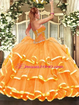 Orange Ball Gowns Sweetheart Sleeveless Organza Floor Length Lace Up Beading and Ruffled Layers Ball Gown Prom Dress