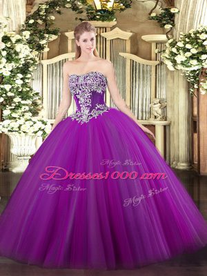 Hot Selling Strapless Sleeveless Quince Ball Gowns Floor Length Beading Purple Tulle