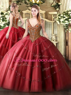 Red Sleeveless Floor Length Beading and Appliques Lace Up Quinceanera Dress